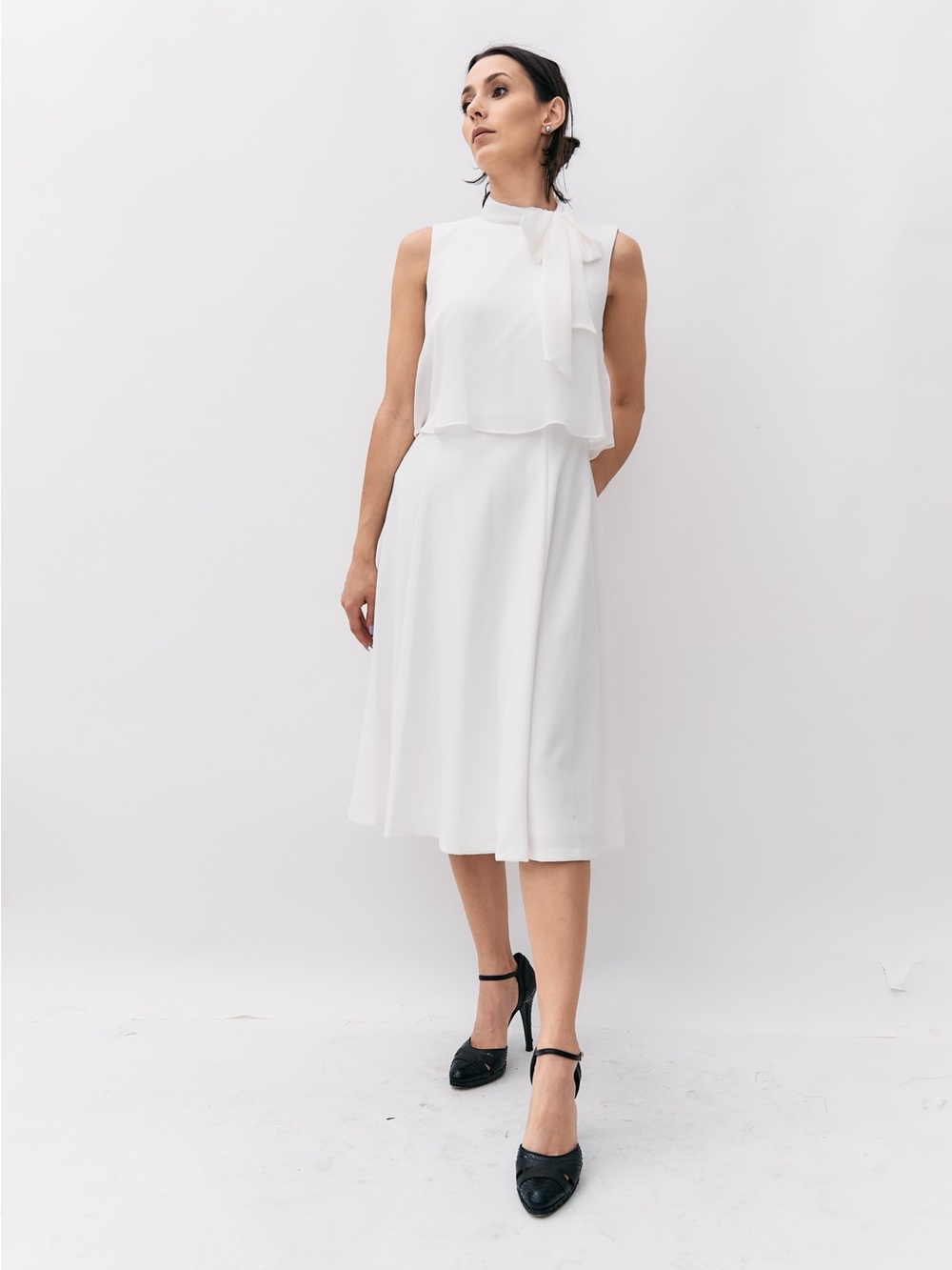 Calvin Klein Ivory/White Tie-Neck Knee Length Dress